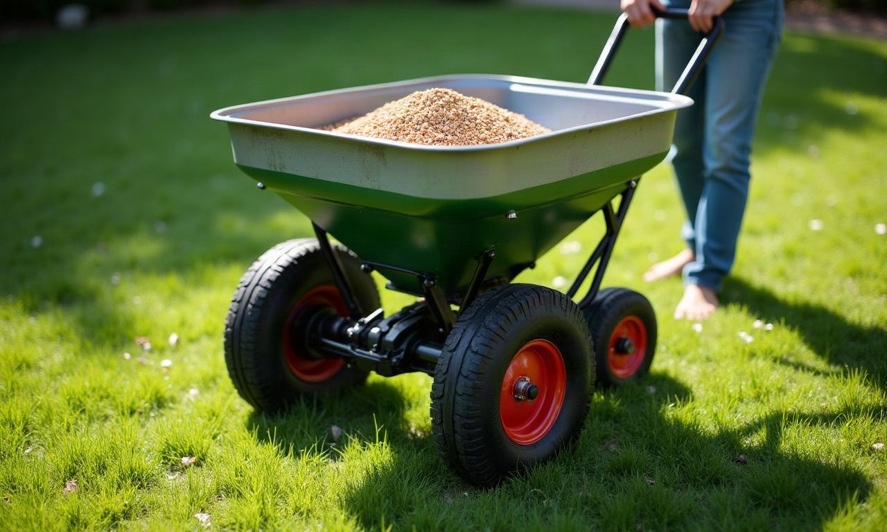 Fertilizer spreader on lawn with granular fertilizer visible in hopper