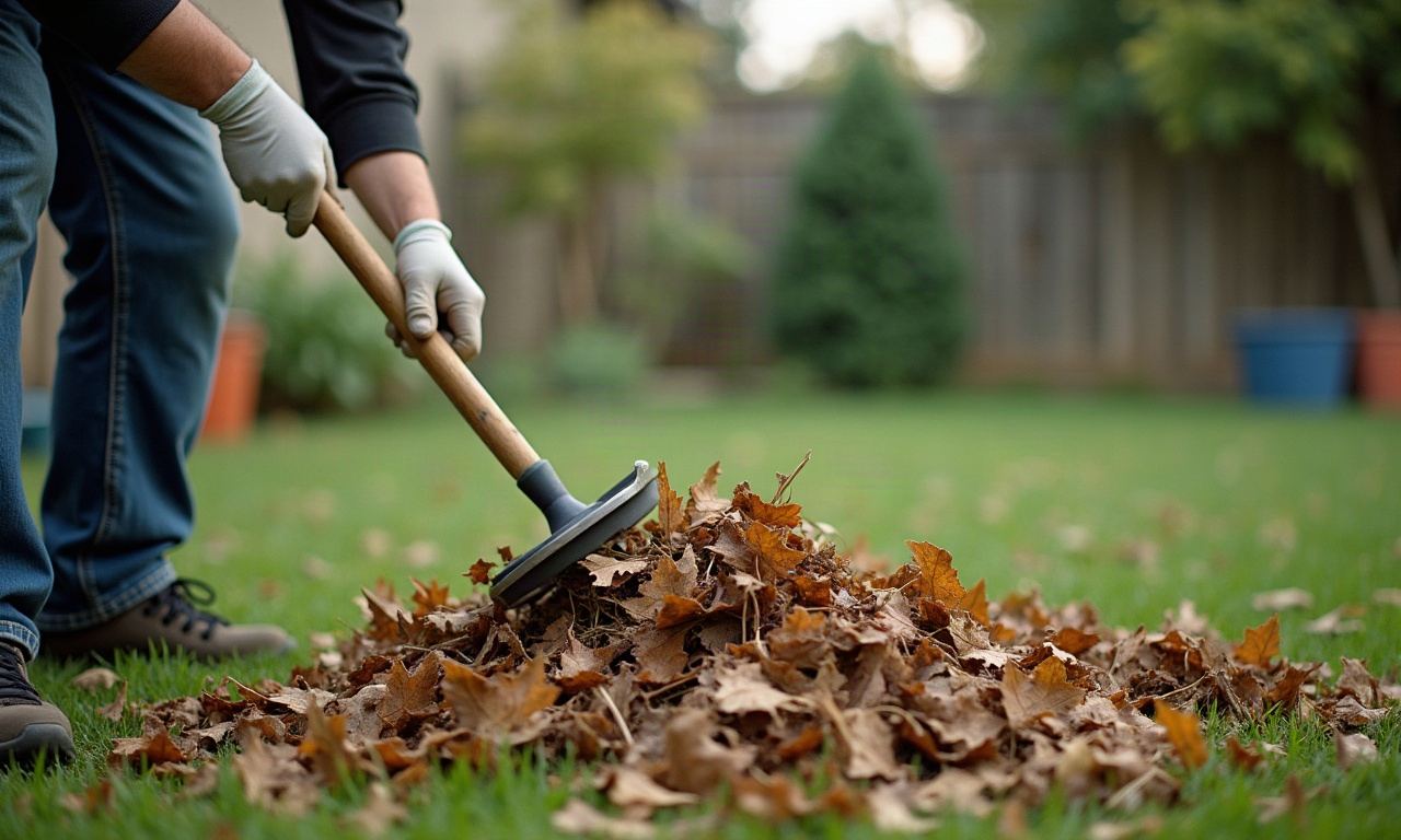 Rake collecting dried leaves and grass clippings into pile on residential lawn