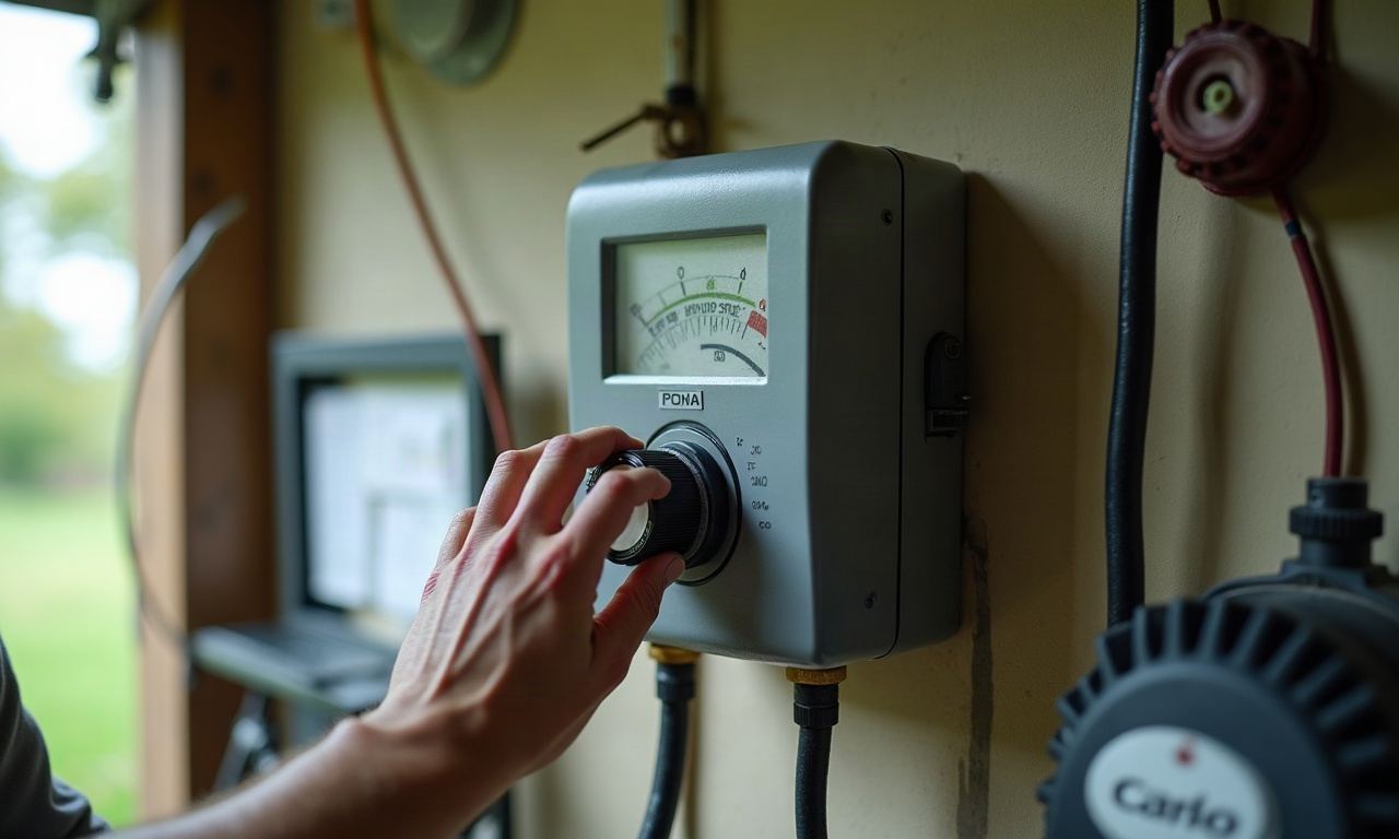 Irrigation timer on garage wall with hand adjusting dial setting